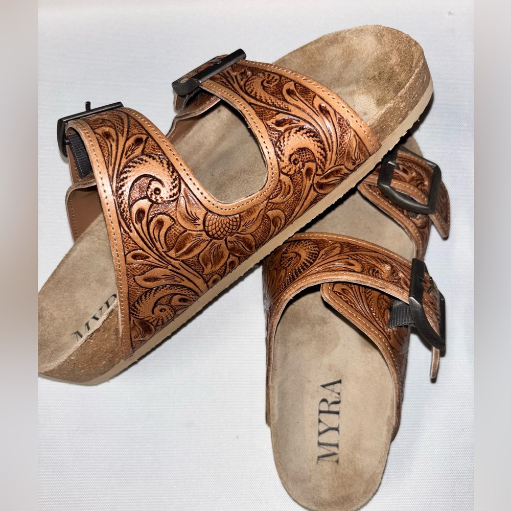 Brown Leather Myra Sandals with Floral Design